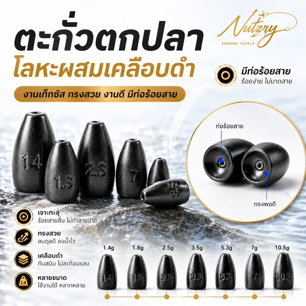 ตะกั่วตกปลา โลหะผสมเคลือบดำ มีท่อร้อยสาย งานเท็กซัส ทรงสวย งานดี Premium เดินหนอนตกปลาช่อน