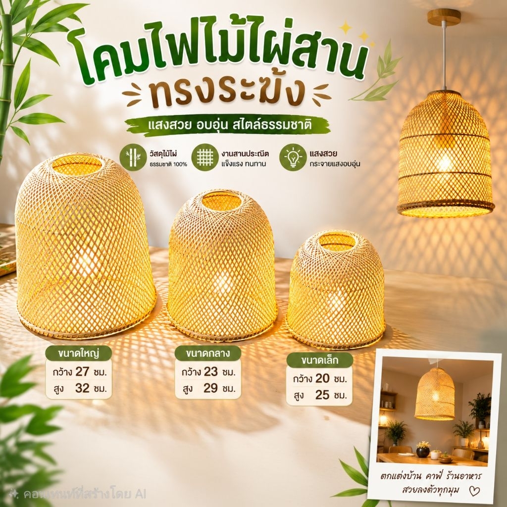 โคมไฟสานไม้ไผ่ โคมไฟแขวน ทรงระฆัง โคมไฟแต่งบ้าน โคมไฟคาเฟ่ โคมไฟสานมินิมอล