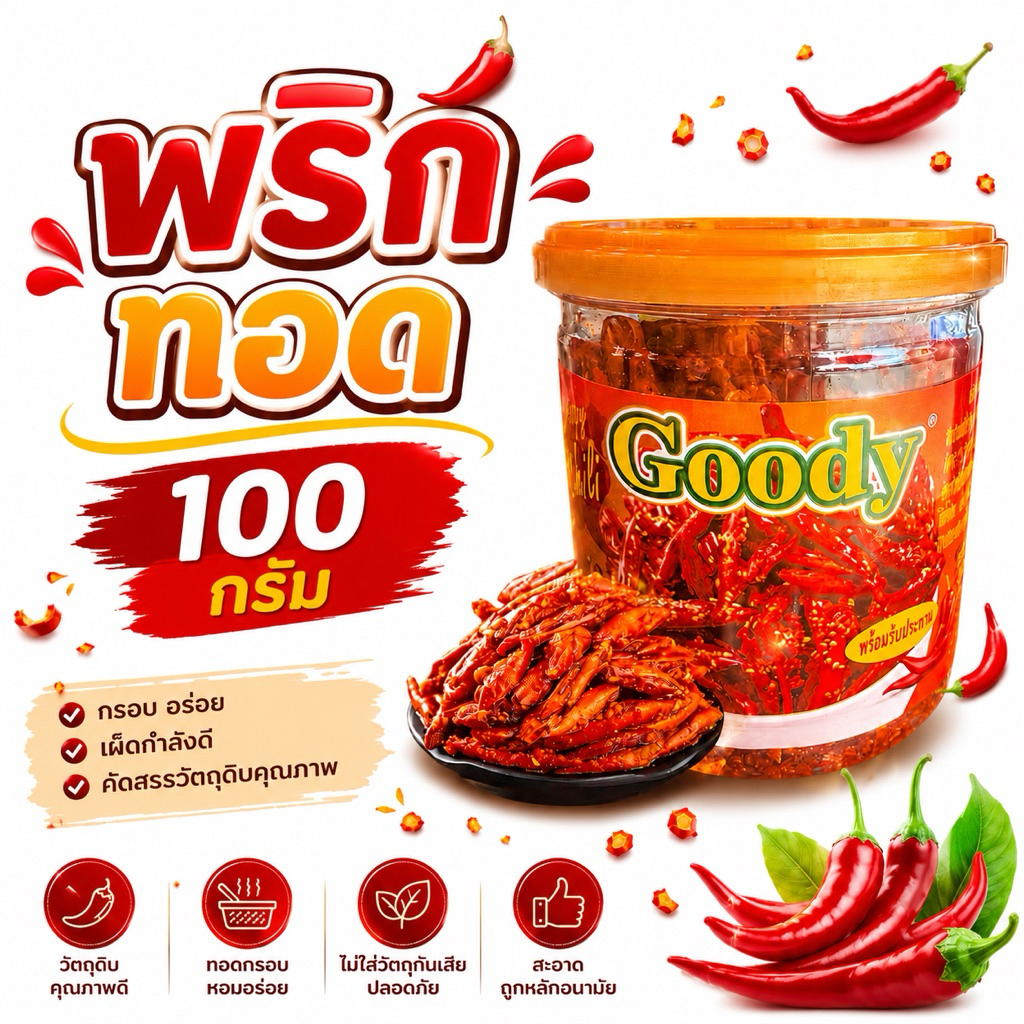 พริกทอด Goody ขนาด 100 กรัม พริกเม็ดใหญ่ แซ่บซื้ด