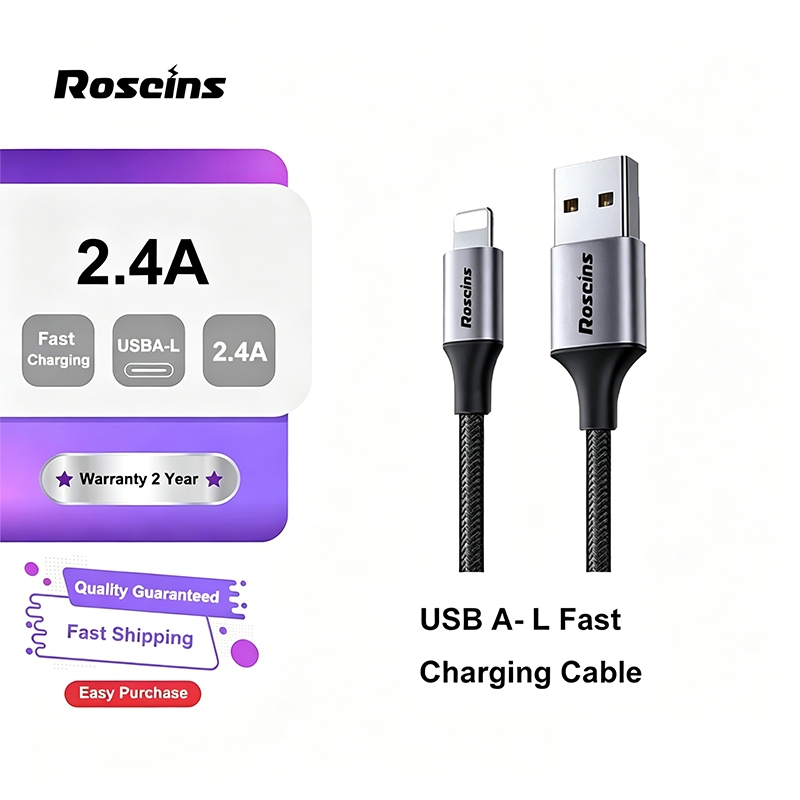 Roscins สายชาร์จเร็ว USB A-L 2.4A ยาว 1M/1.5M/2M รองรับ iPhone 14/14 Plus/14 Pro/Pro Max iOS 11/12/13/14