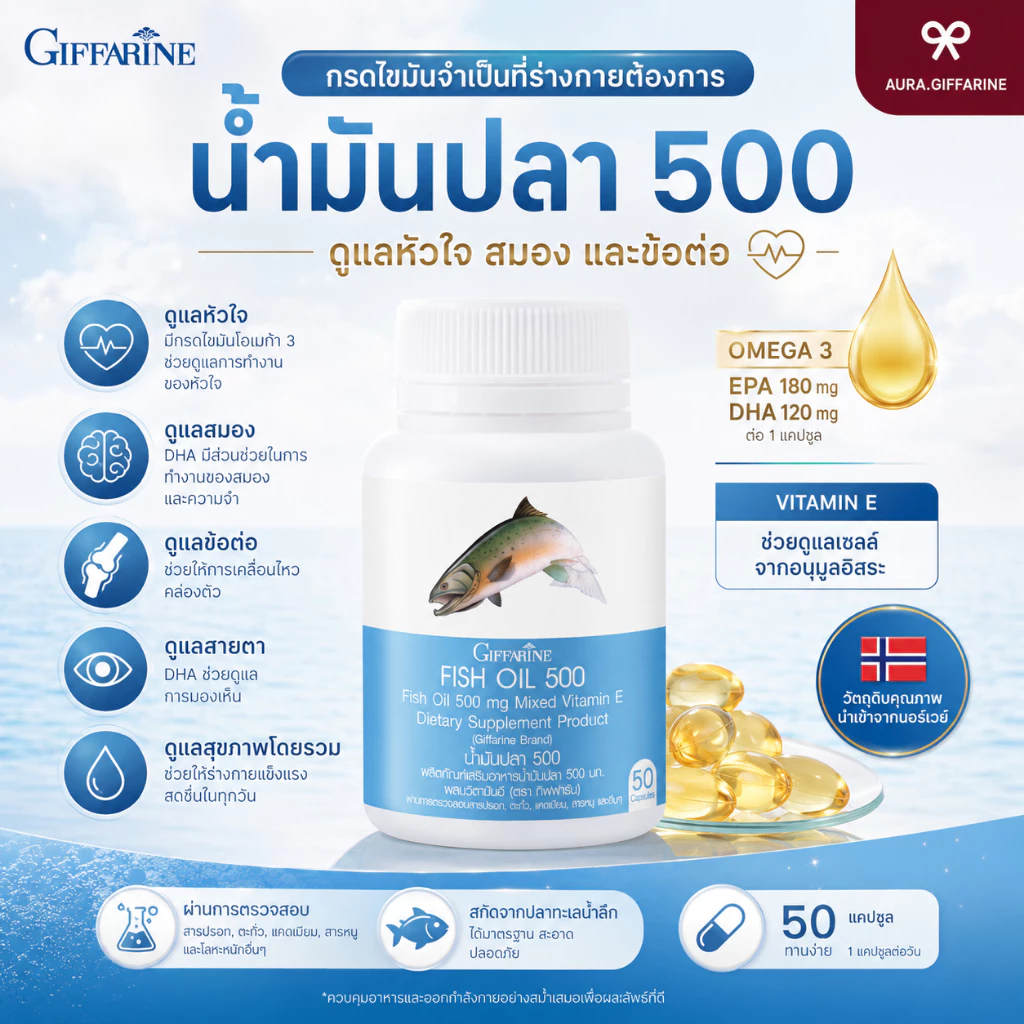 น้ำมันปลา กิฟฟารีน Fish oil ขนาด 500 มก. 50 แคปซูล EPA DHA น้ำมันตับปลา