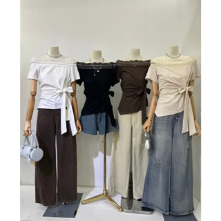 B695 | เสื้อเปิดไหล่แต่งลูกไม้ พร้อมผูกเอวสุดเก๋ ใส่แล้วหุ่นสวย ดูแพง