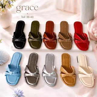 Grace รุ่นแมลงปอ ไซส์ 36-43 รองเท้าแตะส้นสูง 1 cm. ส้นแบน รองเท้าแฟลต แฟชั่น