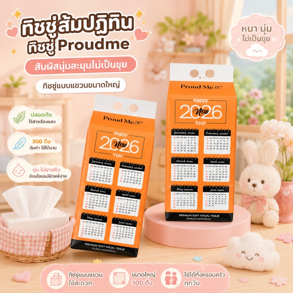ทิชชู่ส้ม ทิชชู่Proudme ทิชชู่ปฏิทิน สัมผัสนุ่มละมุนไม่เป็นขุย 300ดึง D82