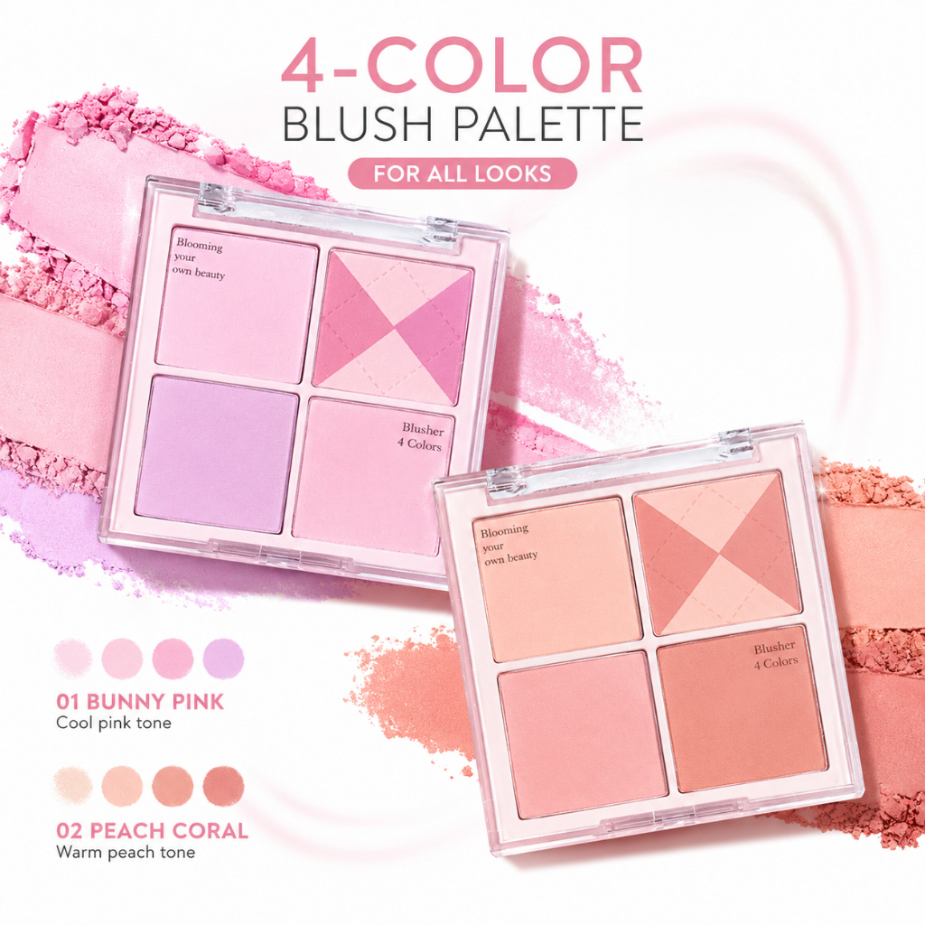 บลัชออน 4 สี /blush/Matte/eyeshadow/สีม่วงอมชมพู ติดทนนาน ช่วยให้ผิวดูสว่างกระจ่างใส