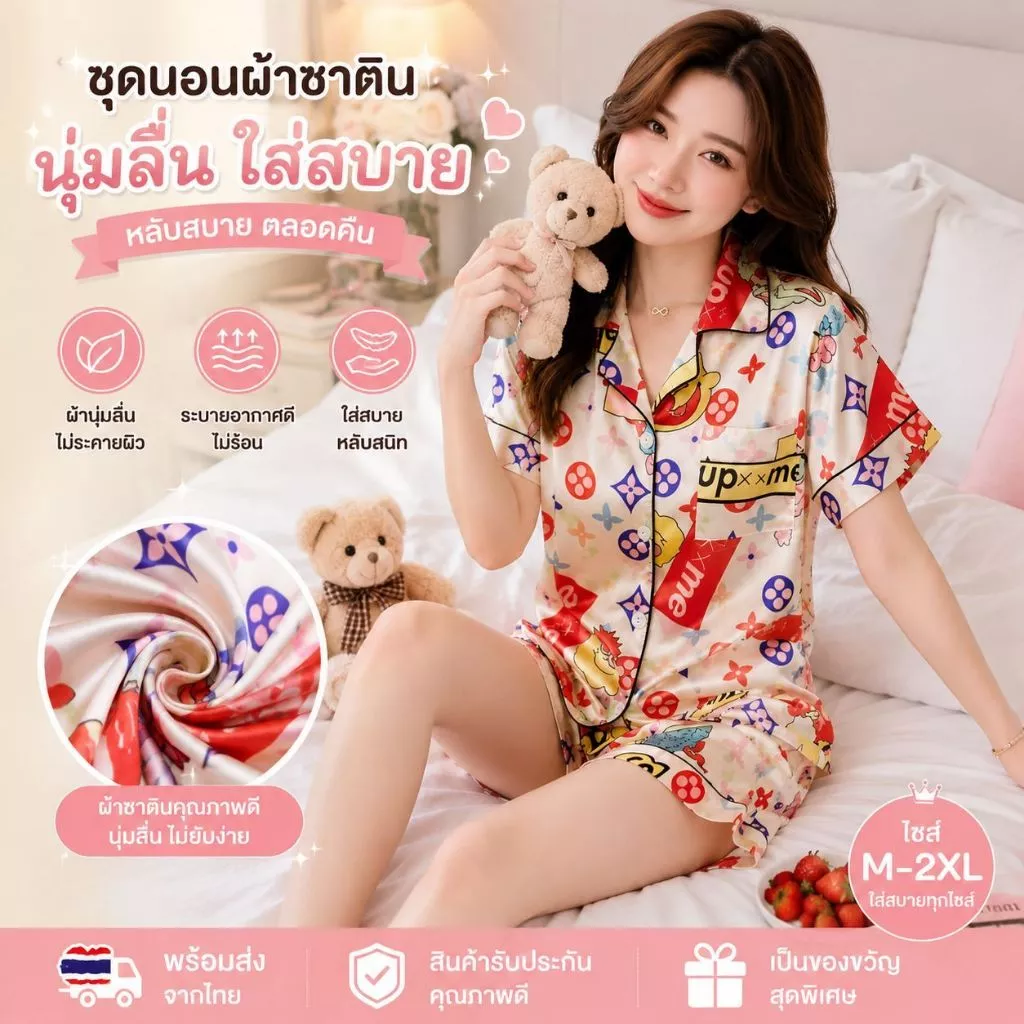 SW6023 ชุดนอนผู้หญิง ผ้าซาติน แขนขาสั้น ลายน่ารัก ชุดนอนซาติน นุ่มลื่นใส่สบาย M-2XL เกรดพรีเมี่ยม