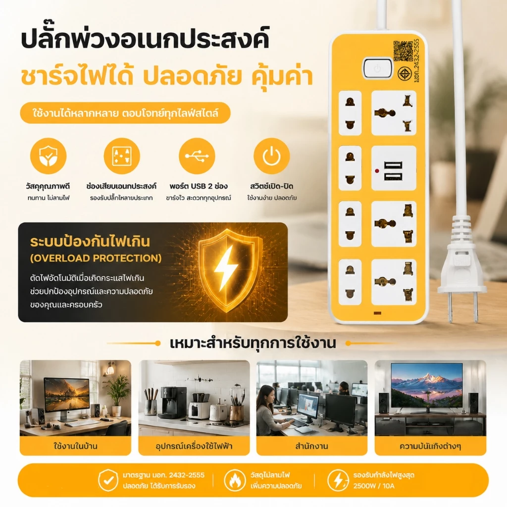 ปลั๊กไฟ 7 ช่อง 2300W มี USB สายยาว 3/5/8 เมตร thumbnail 7