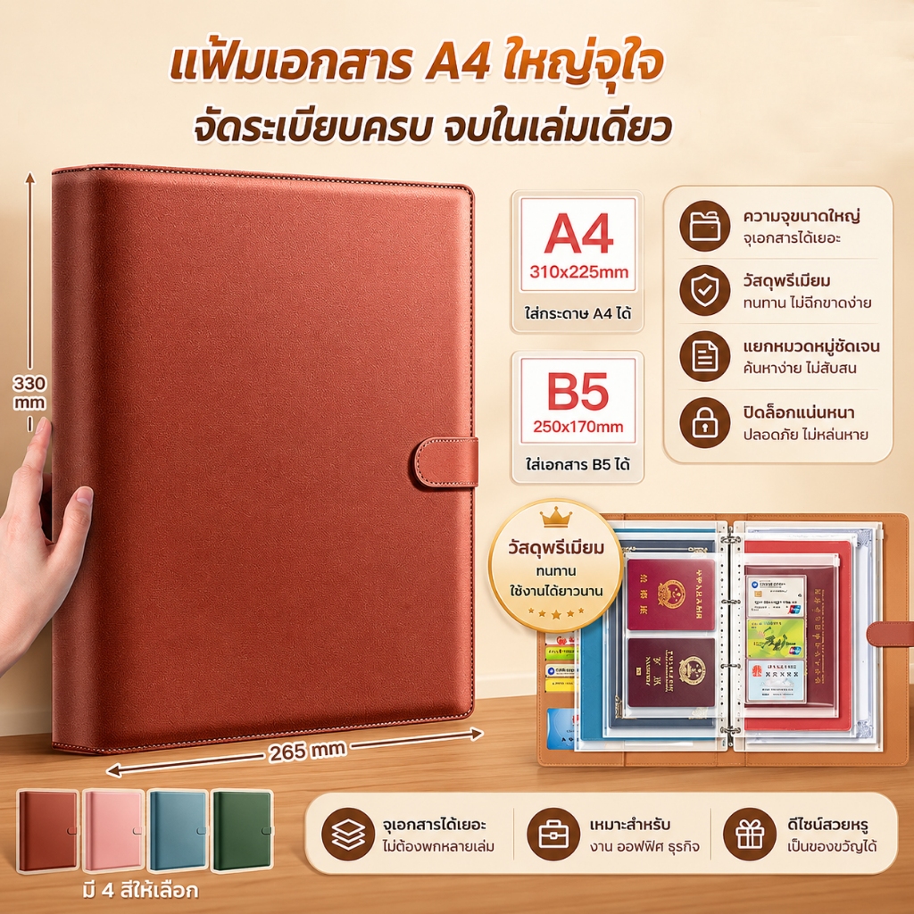 สมุดเก็บเอกสาร A4แฟ้มเอกสาร 12 ซอง หนัง PU ความจุใหญ่ เพิ่มหน้าได้ ใส่สมุดบัญชี พาสปอร์ต บัตร เอกสารสำคัญ กันน้ำ กันฝุ่น