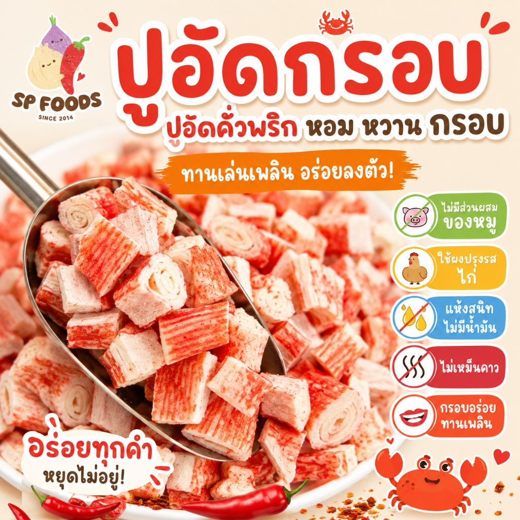 [ โปรพิเศษ 9 บาท ]19บาท ปูอัดแท่งอบกรอบ By SP FOODS 20g สั่งขั้นต่ำ 3ถุง/order  ปูอัด พริกทอด ของฝาก