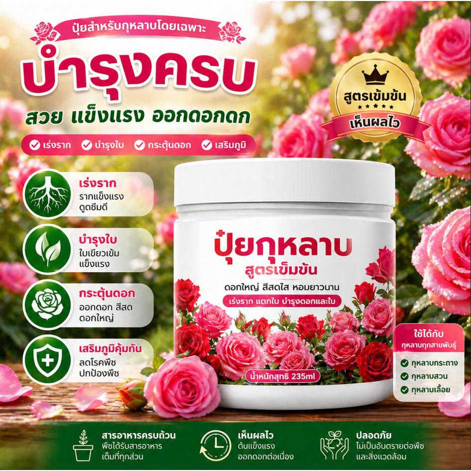 ปุ๋ยกุหลาบ 300 กรัม เร่งดอกเร่งใบ สูตรพิเศษ ใช้ได้กับกล้วยไม้และไม้ดอกทุกชนิด
