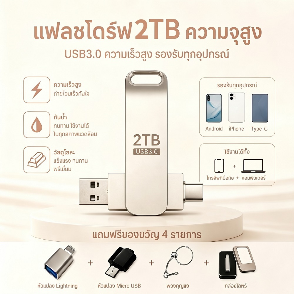 แฟลชไดรฟ์ 2TB USB 3.0 Type-C OTG รองรับ i/O/S Android PC Laptop โอนข้อมูลรวดเร็ว