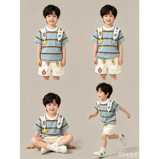 BB347 ชุดเด็กผู้ชายสไตล์คิวท์ เสื้อยืดลายทางฟ้า ตกแต่งสายสะพายการ์ตูน คู่กางเกงลายการ์ตูน
