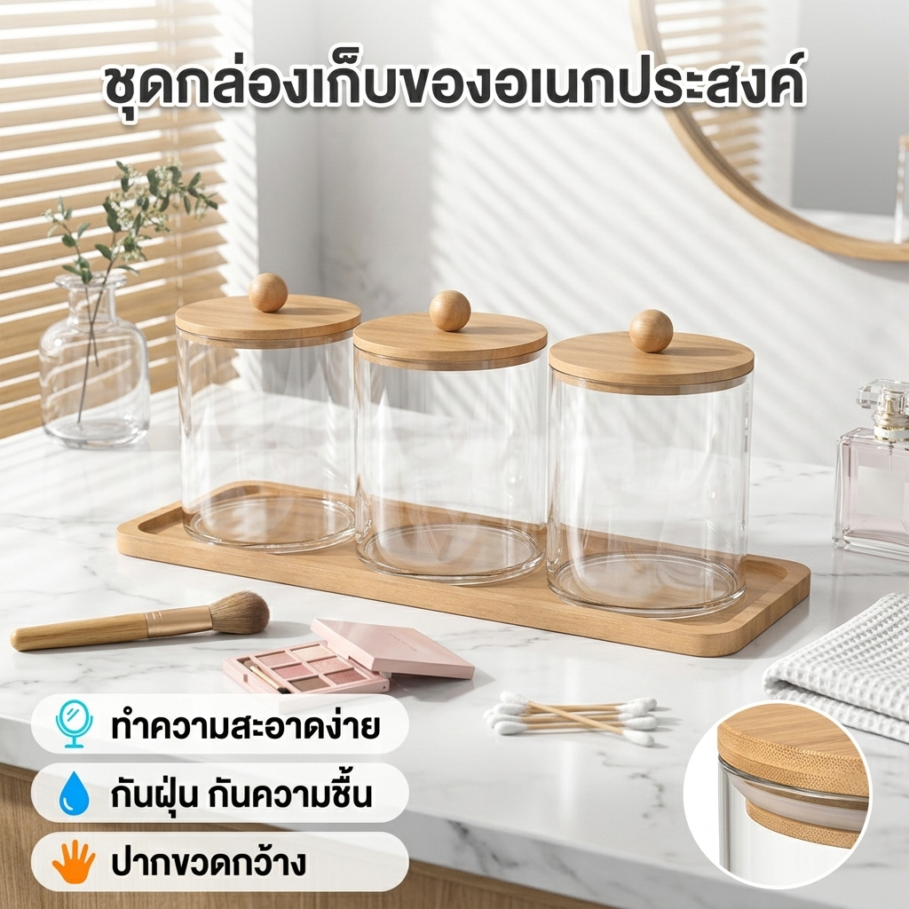 ชุดที่เก็บไม้ปั่นหู 3 ชิ้น | อะคริลิกใส ฝาไม้ไผ่ | พร้อมถาด | สำหรับห้องน้ำ ชุดกล่องเก็บของอเนกประสงค์ สำหรับโต๊ะแต่งหน้