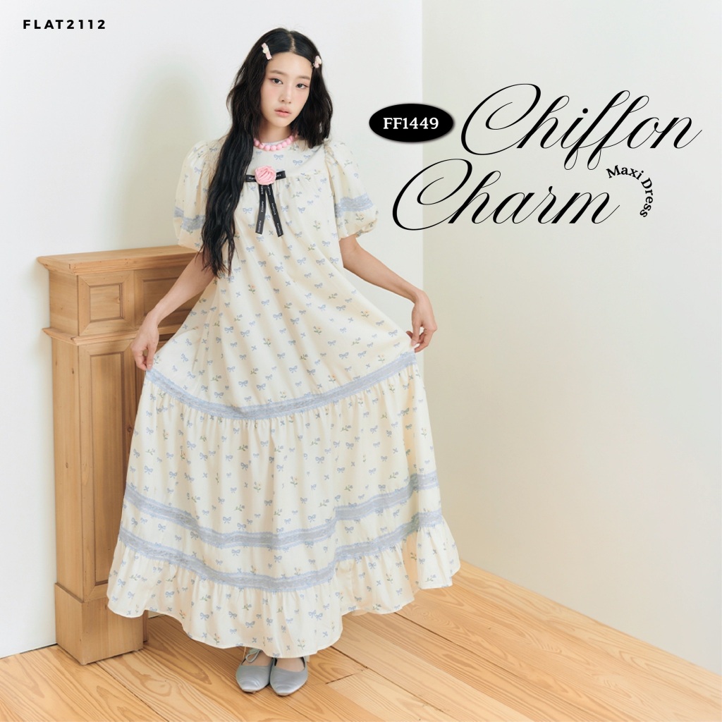 FLAT2112 : CHIFFON CHARM MAXI DRESS เดรสยาวลายดอกไม้ ลุคคุณหนูเกาหลีหวานละมุน เดรสยาวใส่วันพักผ่อนชิลๆ  (FF1449)