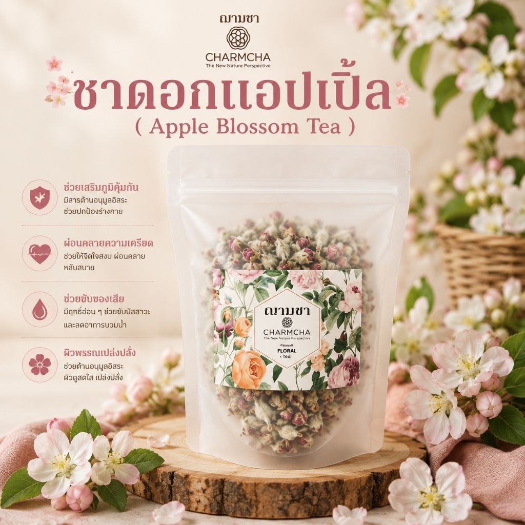 ชาดอกแอปเปิ้ล ( apple blossom Tea ) ลดการเกิดสิว ผิวพรรณเปล่งปลั่ง ดื่มแล้วหายจากเมา Charmcha ฌามชา หอมมาก