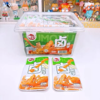 หมึกกรุบกรอบ สาหร่าย กุ้งกรุบ ซี่โครงหมู ปูอัด สไบนาง และ ฮอตดอก หม่าล่า แบบกระปุกมี 50 ซอง และ เเบบกล่องมี 30 ซอง