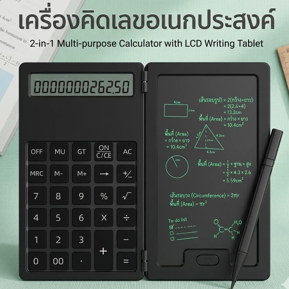 เครื่องคิดเลข พร้อมกระดาน LCD เขียนได้ ลบได้ เครื่องคิดเลขพกพา อเนกประสงค์ 2-in-1 สำหรับนักเรียน บัญชี ออฟฟิศ พร้อมส่ง