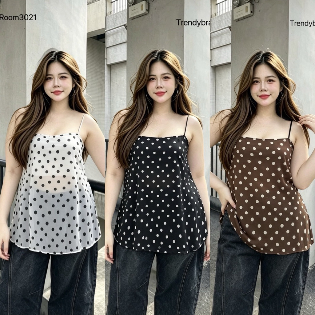 /TB/ สายเดี่ยวตัวยาว Polka Dots มีไซส์อก40-50 ผ้าชีฟองใส่ซับในครึ่งตัว สายสปาเก็ตตี้ น่ารักมาก #สาวอวบอ้วน พลัสไซส์