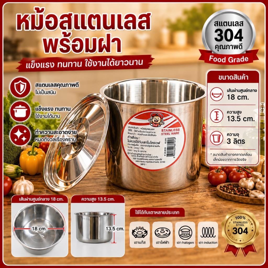 หม้อสตูส สแตนเลสความจุสูง พร้อมฝา โถเก็บของครัวร้านอาหาร หม้อตุ๋นทนความร้อนสำหรับต้มและนึ่ง ตะกร้อลวกอาหาร