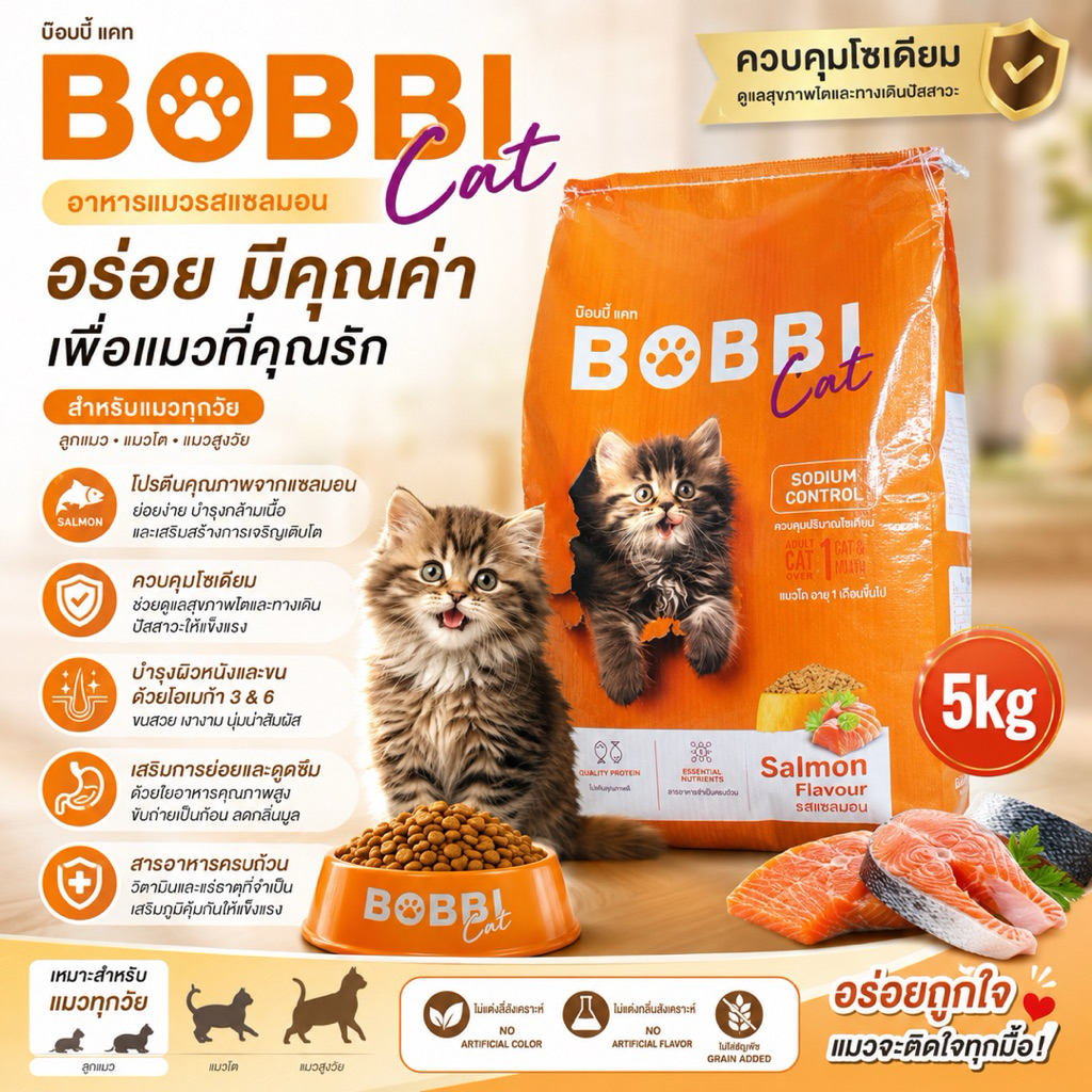 BOBBI Cat อาหารแมวบ๊อบบี้แคท รสแซลมอน ควบคุมโซเดียม ขนาด 5kg สำหรับแมวทุกวัย