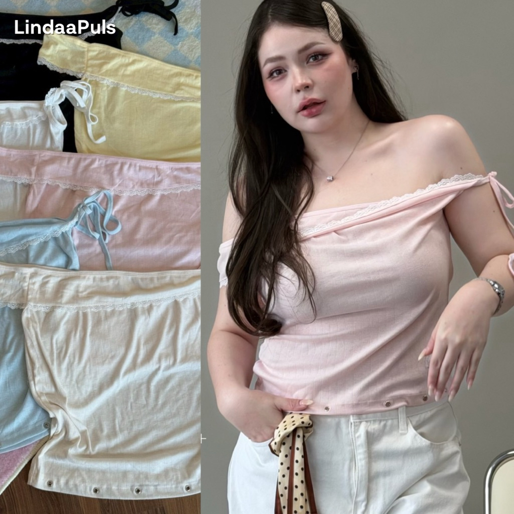 LindaaPlus-- 𝑳𝒐𝒍𝒍𝒚 𝒕𝒐𝒑 🍡✨ เสื้อปาดไหล่เชือกผูกข้างสาวอวบอ้วน แต่งลูกไม้ ติดอะไหล่ที่ชายเสื้อ เนื้อผ้ายืดลายไหมพรม