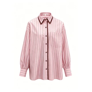 Chili Koko เสื้อเชิ้ตแขนยาวลายทางแนวตั้งสีน้ำเงินสำหรับผู้หญิงในช่วงฤดูร้อนสไตล์เกาหลีแฟชั่นลำลองหลวมปักสีตัดกัน 99140