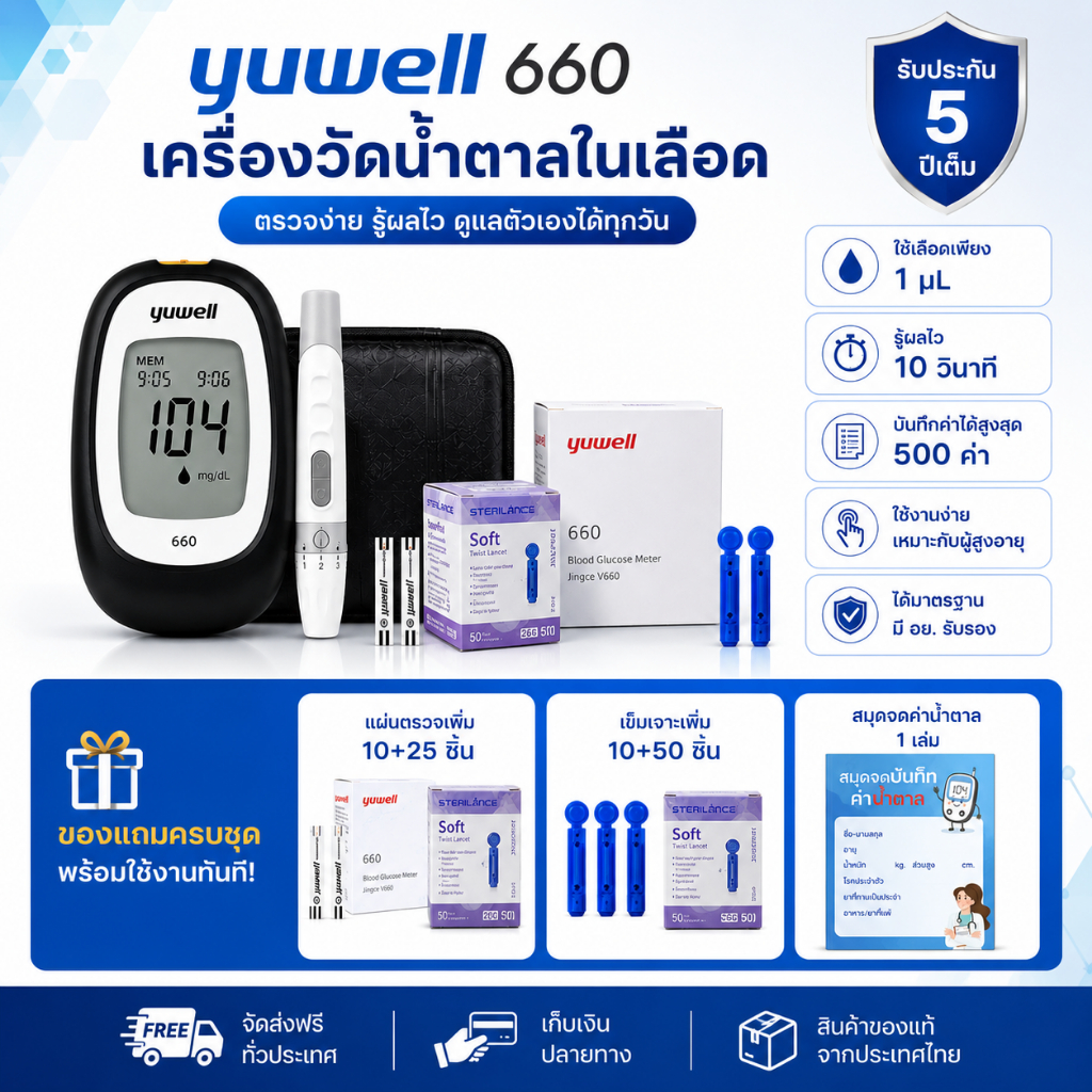 🔥(พร้อมส่ง)🔥 Yuwell เครื่องตรวจน้ำตาลในเลือดของแท้มีอย10+25