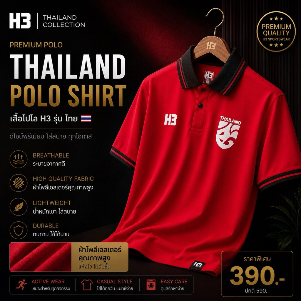 เสื้อโปโลคุณภาพ เนื้อผ้าใส่สบาย รุ่น H3 โลโก้ช้างศึก ดีเทลจั๊มแขน มีหลายไซส์ให้เลือก