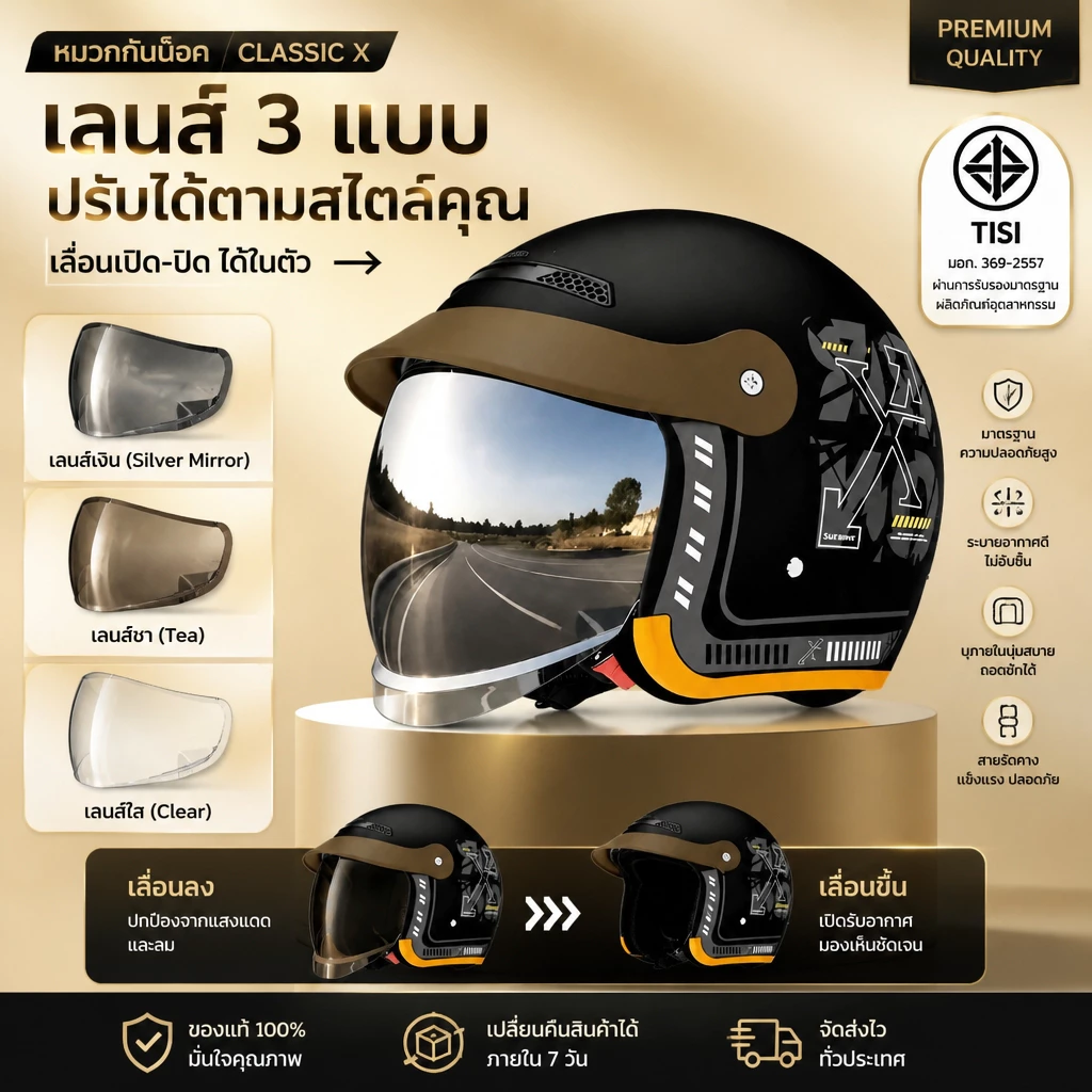 หมวกกันน็อค รุ่น 111 ครึ่งใบ เปลือก ABS เลนส์พับเก็บได้