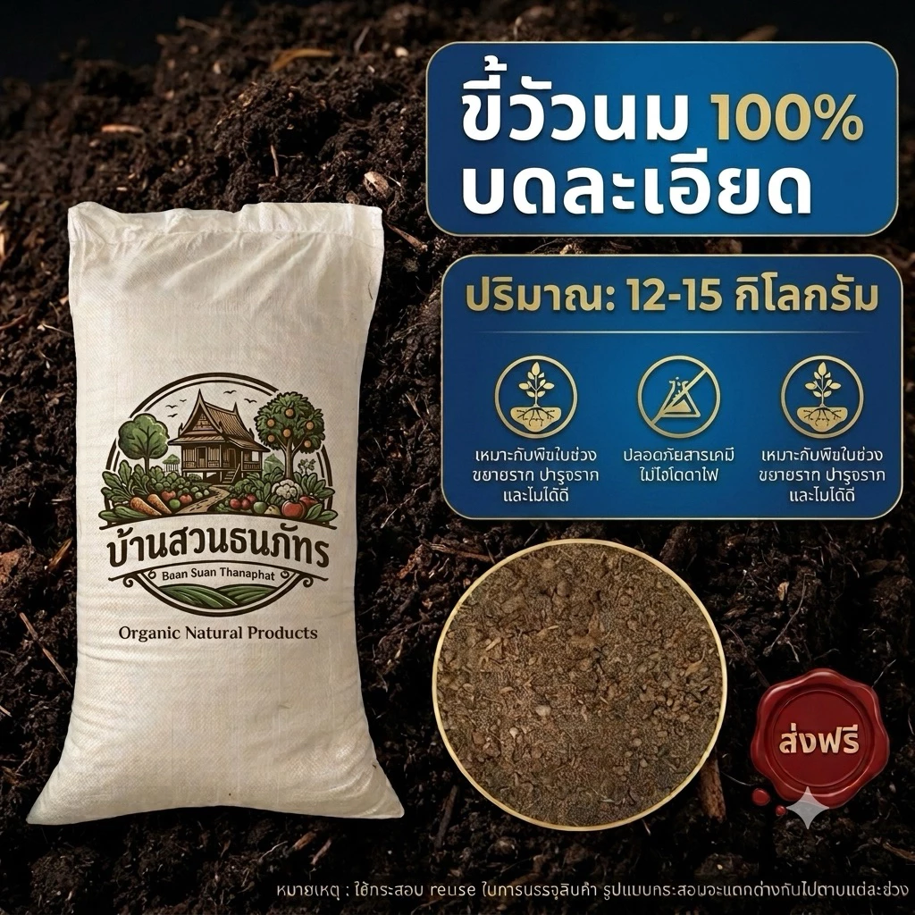 🌱🐄 ขี้วัวแห้งบรรจุกระสอบ พร้อมใช้งาน! 15 โล