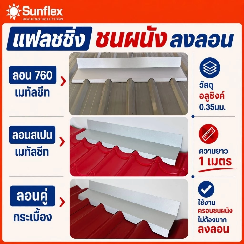 แฟลชชิ่ง ครอบชนผนัง ลงลอน ลอนมาตรฐาน 760, ลอนสเปน และ กระเบื้องลอนคู่