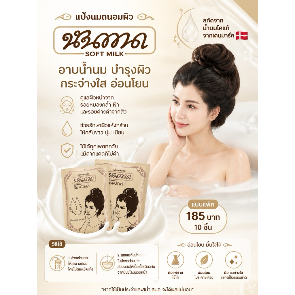 แป้งนมถนอมผิว 1ห่อใหญ่(10 ชิ้น) Soft Milk นันทนา*