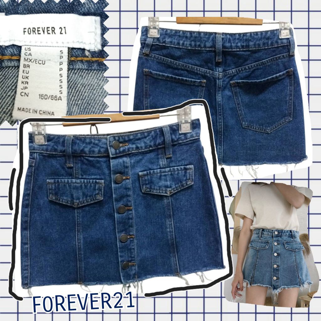 B049🦋F 0 R E V E R 2 1=กระโปรงยีนส์กระดุมหน้า