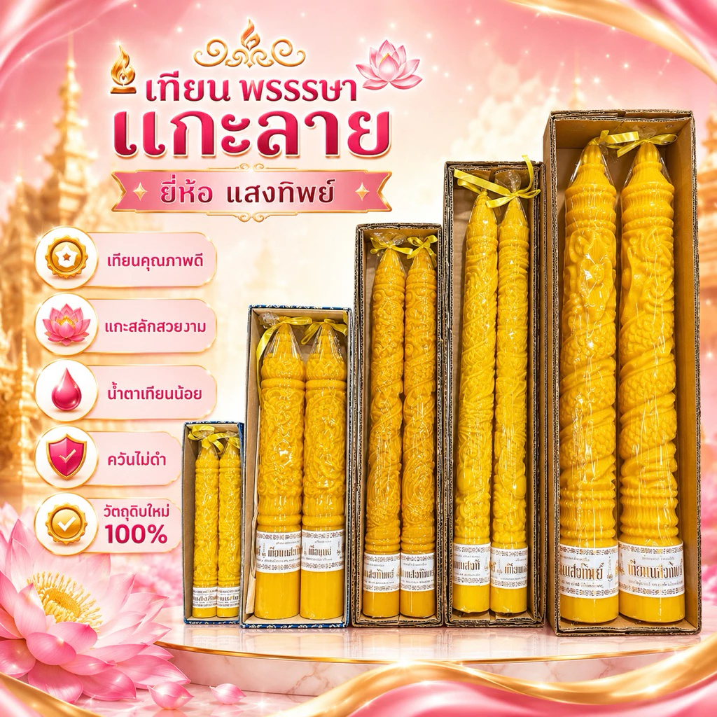 เทียนแกะลาย แสงทิพย์ เทียนพรรษาแกะลาย คละขนาด 15สั้น/17สั้น/20หุน/15ยาว/9*65 เทียนอย่างดีน้ำตาเทียนน้อย