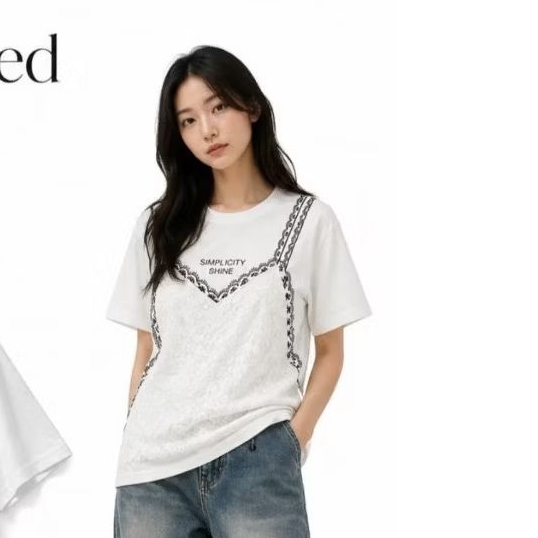 เสื้อยืดมินิมอลแต่งลูกไม้ด้านหน้า พร้อมส่ง