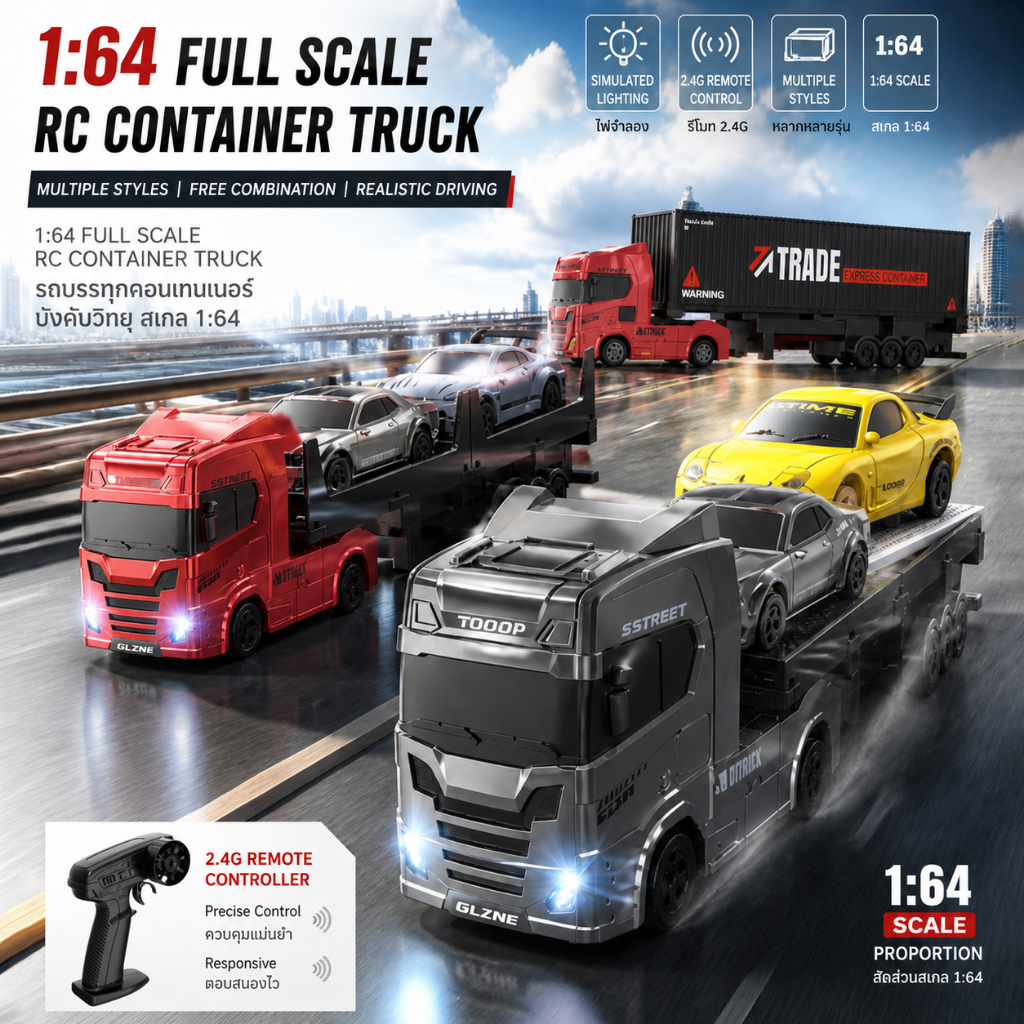 1:64 รถบังคับวิทยุ สแกนเนีย (Scania) รถบรรทุกกึ่งพ่วงตู้คอนเทนเนอร์ ระบบคันเร่งตามสัดส่วน ตู้สินค้าถ
