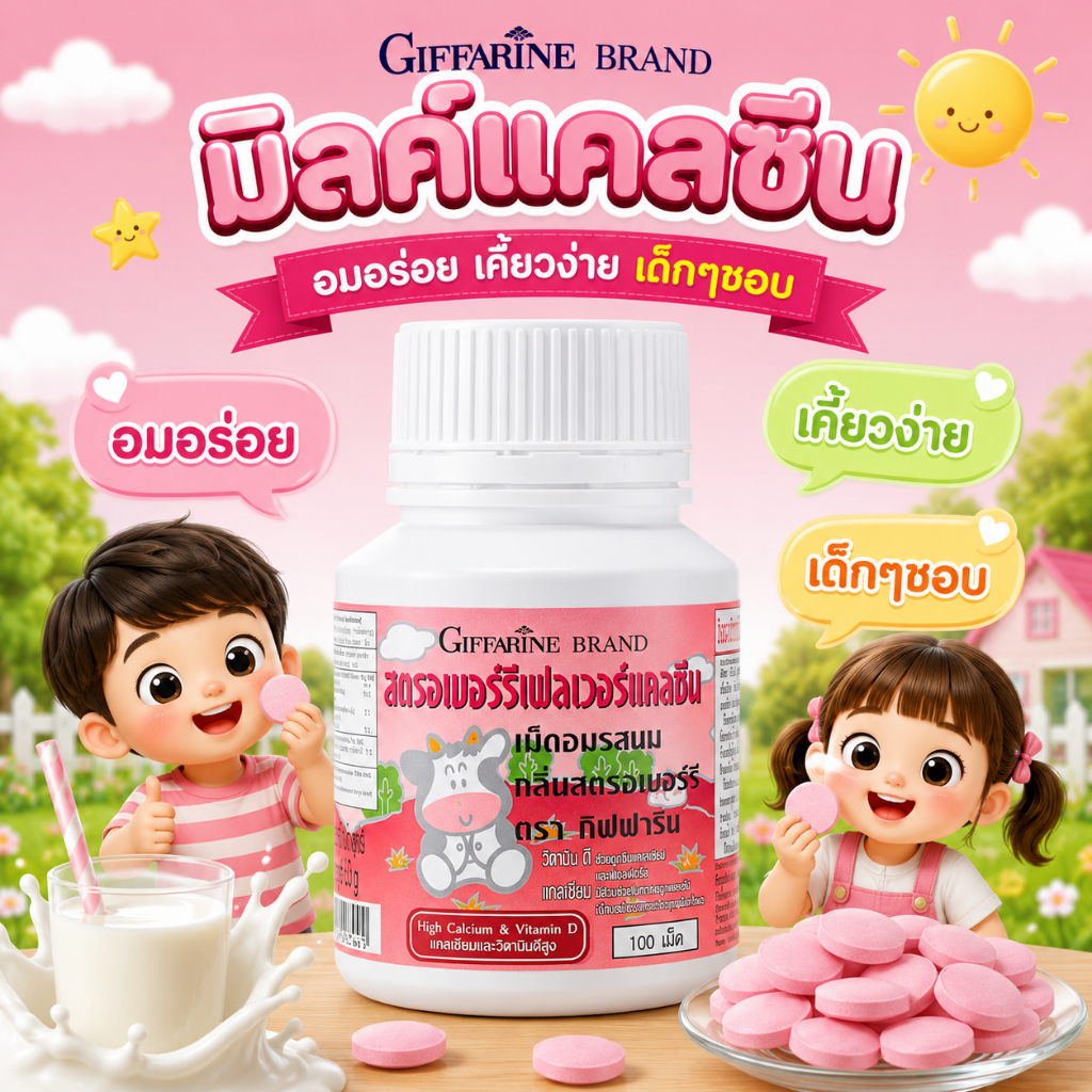 แคลเซียมเด็ก ( รสสตรอเบอร์รี่ ) แคลเซียม แคลซีน แคลเซียมกิฟฟารีน