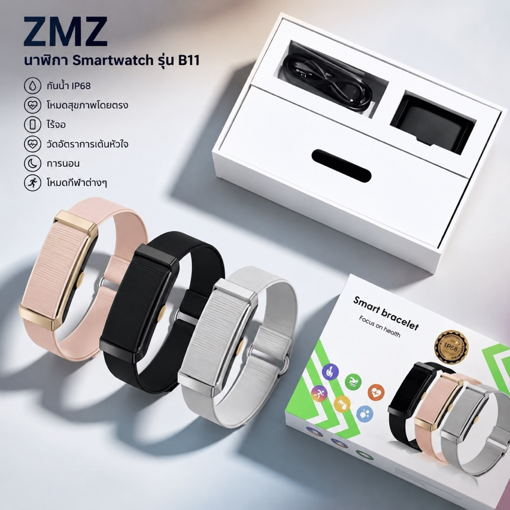 ZMZ นาฬิกา Smartwatch รุ่น B11 กันน้ำ IP68 โหมดสุขภาพโดยตรง ไร้จอ วัดอัตราการเต้นหัวใจ การนอน โหมดกี