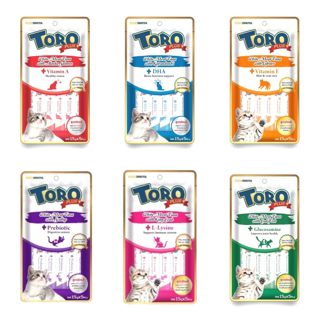 Toro Toro Plus ขนมแมวเลีย โทโร่ พลัส ผลิตจากเนื้อปลาทูน่าเนื้อขาวแท้ ขนาด15g ใน​ 1​ แพ็คเล็ก(มี​ 5​ หลอด)​