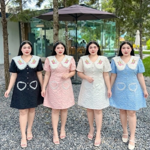 BN174.ชุดเดรสสาวอวบชุดออกงานปักดอกไม้ปก ผ้าluxury อก38-46"