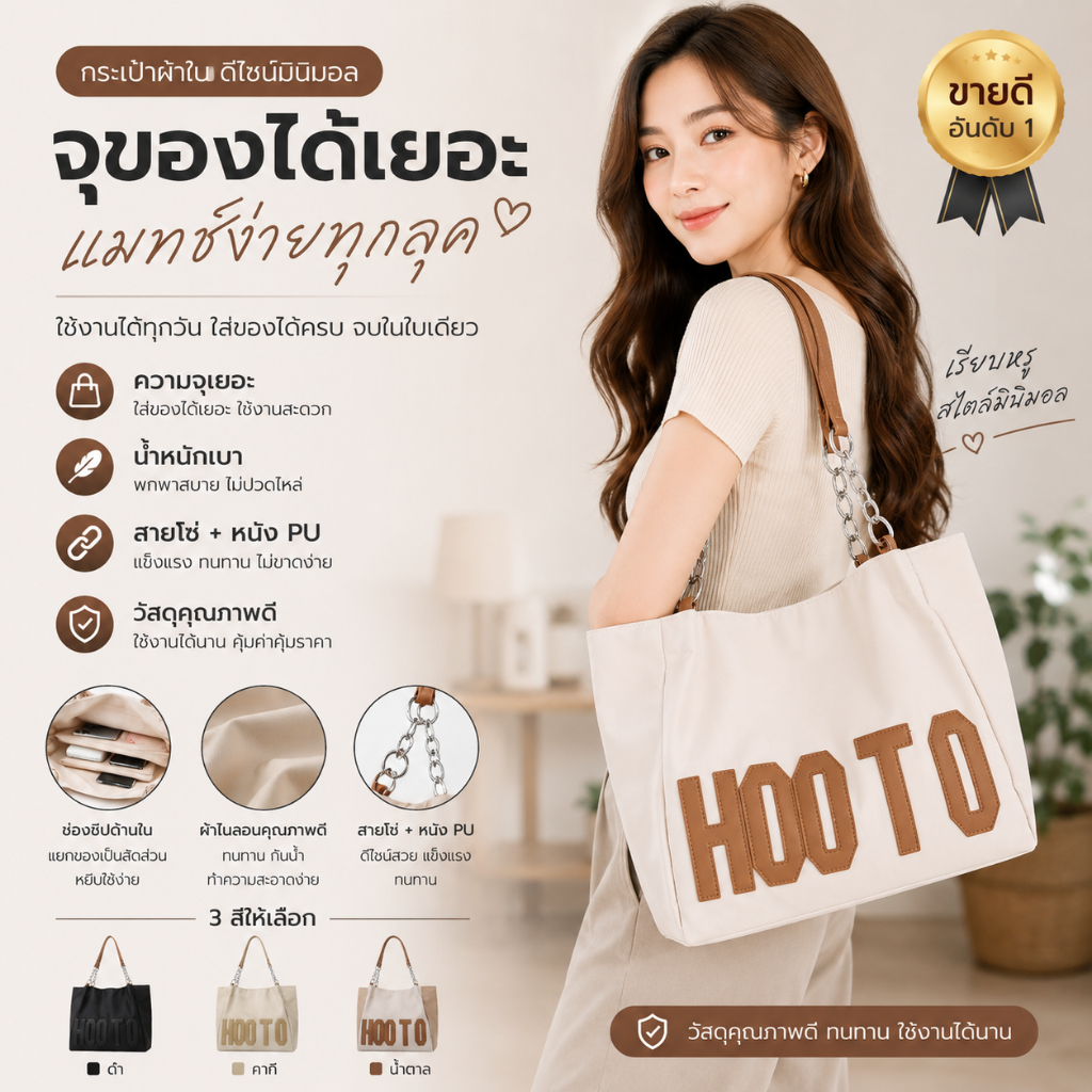 พร้อมส่ง💗 กระเป๋าสะพายข้างผู้หญิงสไตล์เกาหลี ดีไซน์หรูทันสมัย ความจุขนาดใหญ่ ขนาดใหญ่พิเศษ รุ่น HOOTO