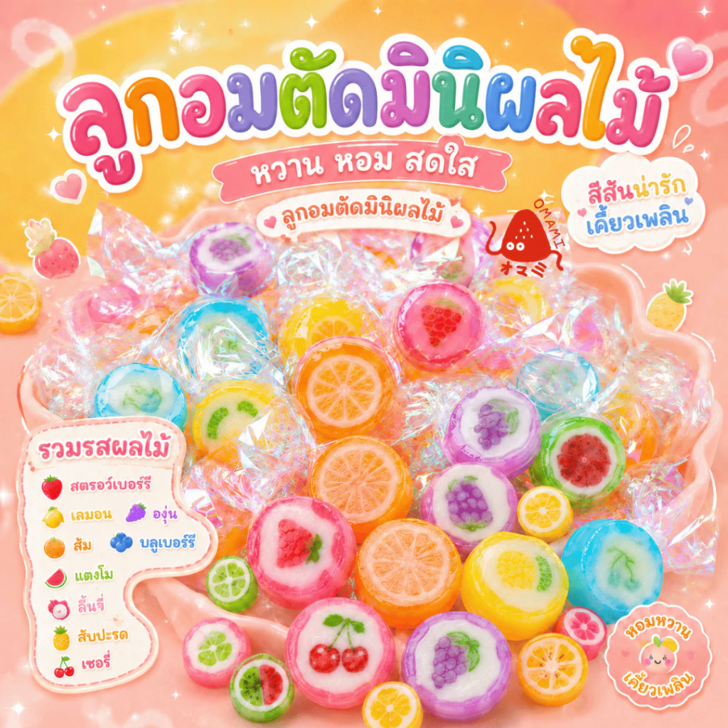 ลูกอมตัด 50-100 ชิ้น Mini Candy Crush handmade fruit ลูกอมตัด ลูกอมมินิจิ๋ว ลูกอมแฮนด์เมด ผลไม้รวม