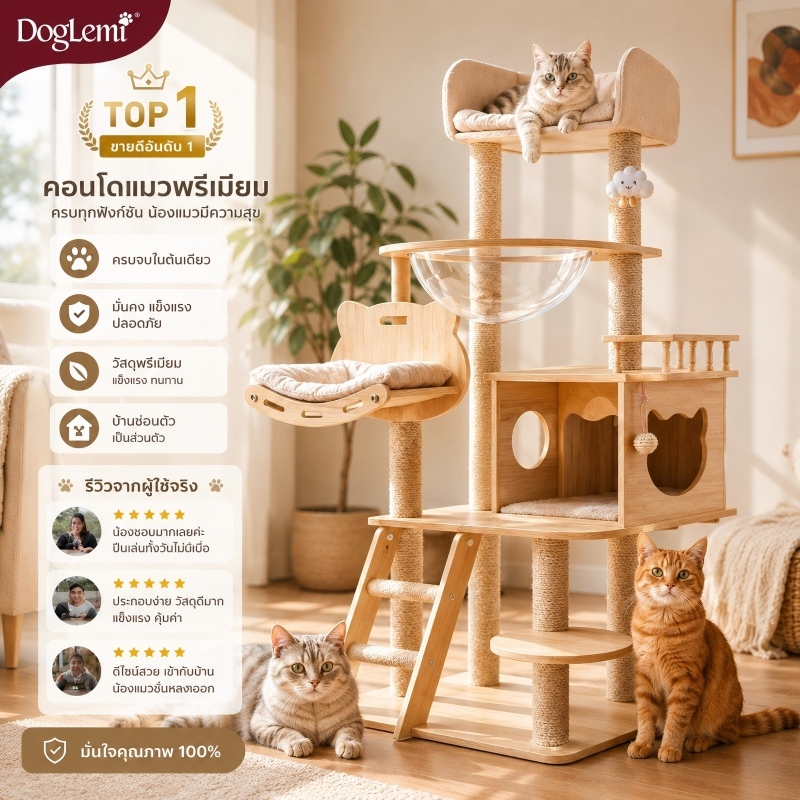 【Doglemi】คอนโดแมวไม้สูงพิเศษ บ้านแมวพร้อมโดมใส เสาลับเล็บ ของเล่นแมว ที่นอนแมวหลายชั้น แข็งแรงทนทาน