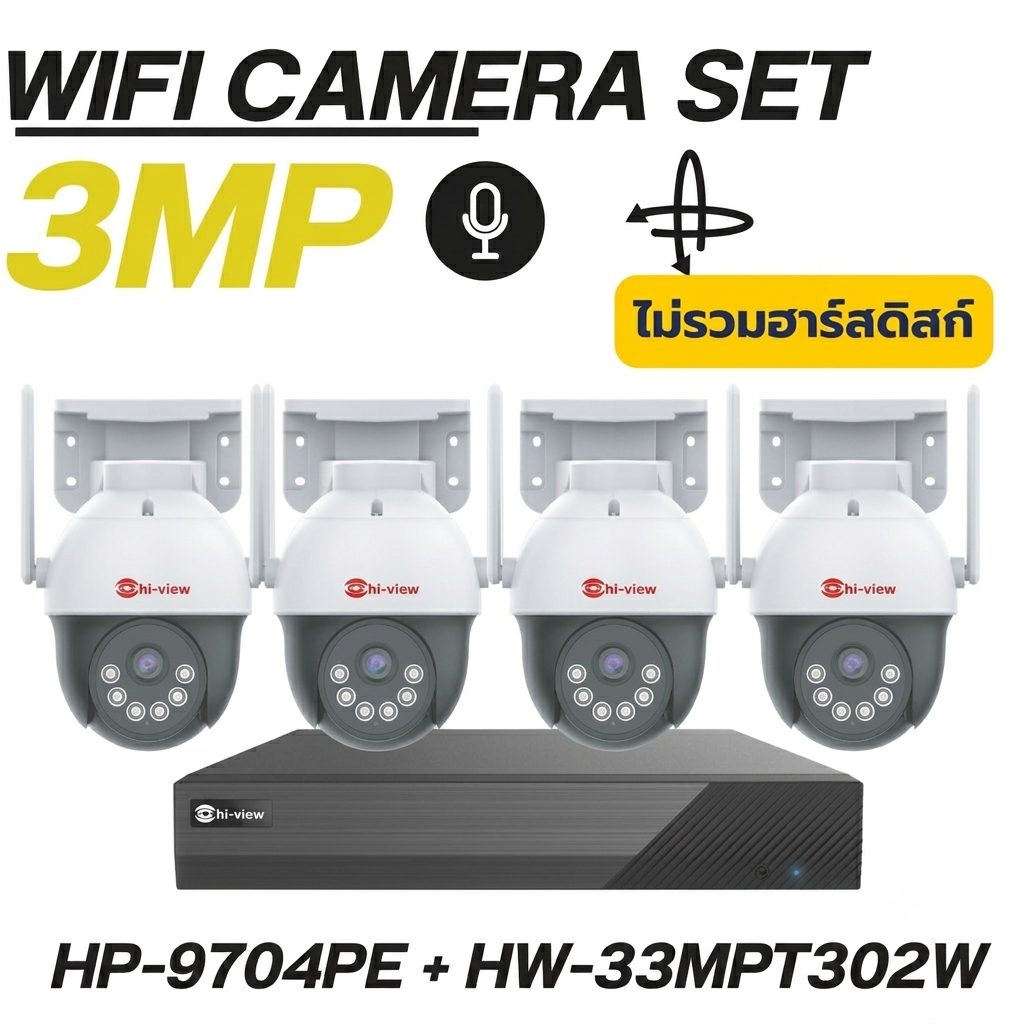 Hi-view กล้อง WiFi 4G รุ่น HW-33MPT302W พร้อมเครื่องบันทึก HP-9704PE ครบชุดพร้อมใช้