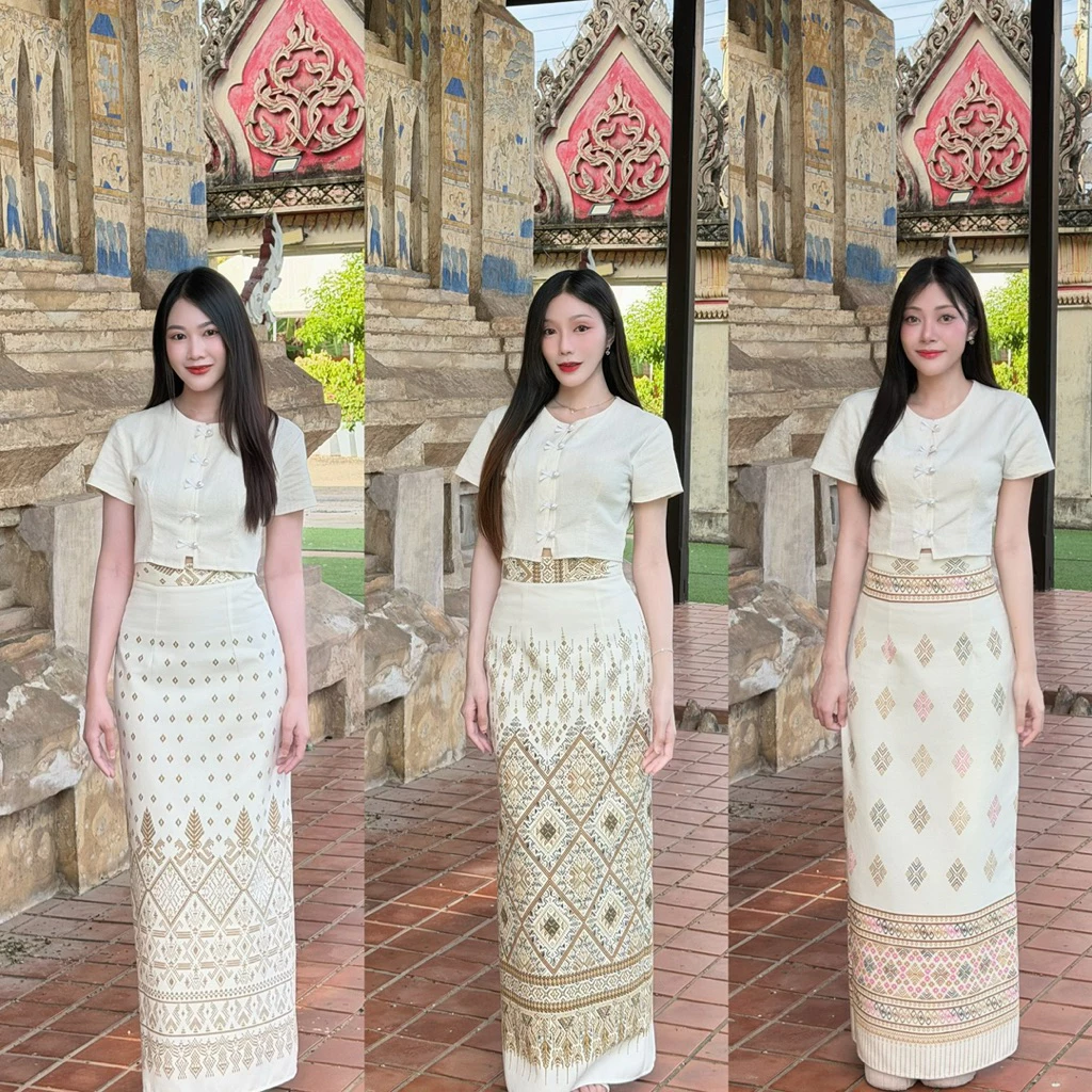 TANTANOD-รหัสTL21 ชุดเซต เสื้อกระดุมไข่มุกตัวปลา กระโปรงทรงสอบ ผ่าหลัง(ผ้าฝ้ายพิมพ์ลาย)(อัดกาว)