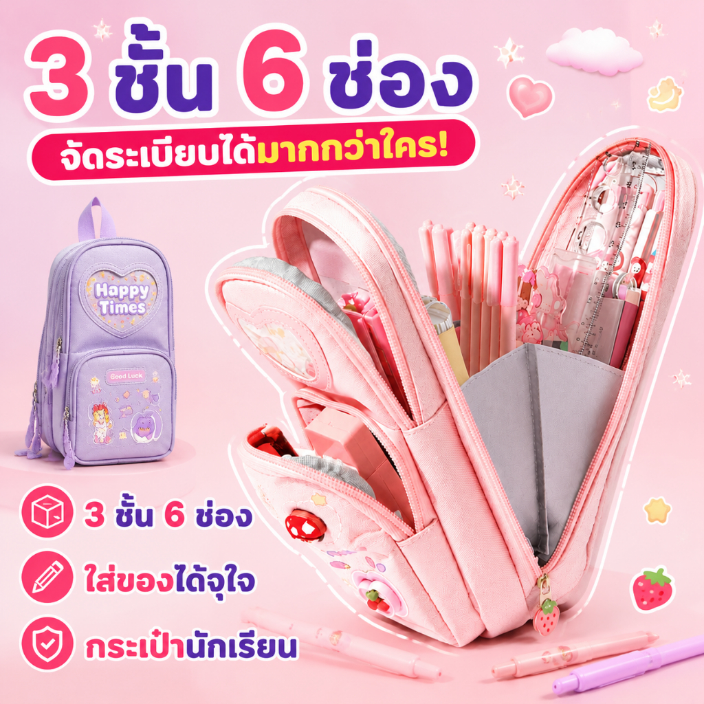 [สินค้าพร้อมส่งในไทย]กระเป๋าดินสอ เหมาะสำหรับเด็กผู้หญิง กล่องใส่ดินสอนักเรียน ทรงกระเป๋าเป้ จุเยอะ