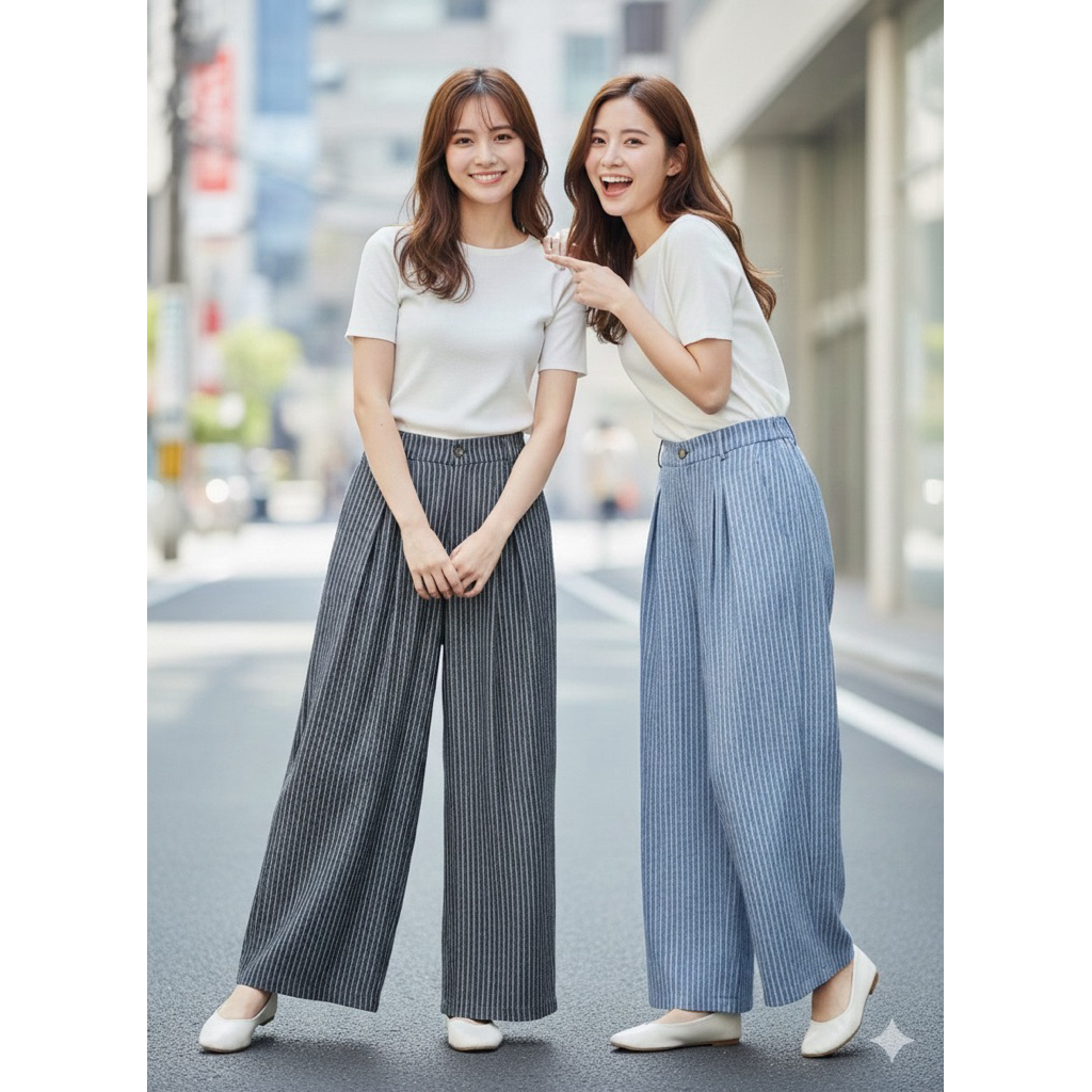 กางเกงญี่ปุ่นพรางหุ่น ขาเรียว ลายริ้ว Minaki Collection by Wanasu