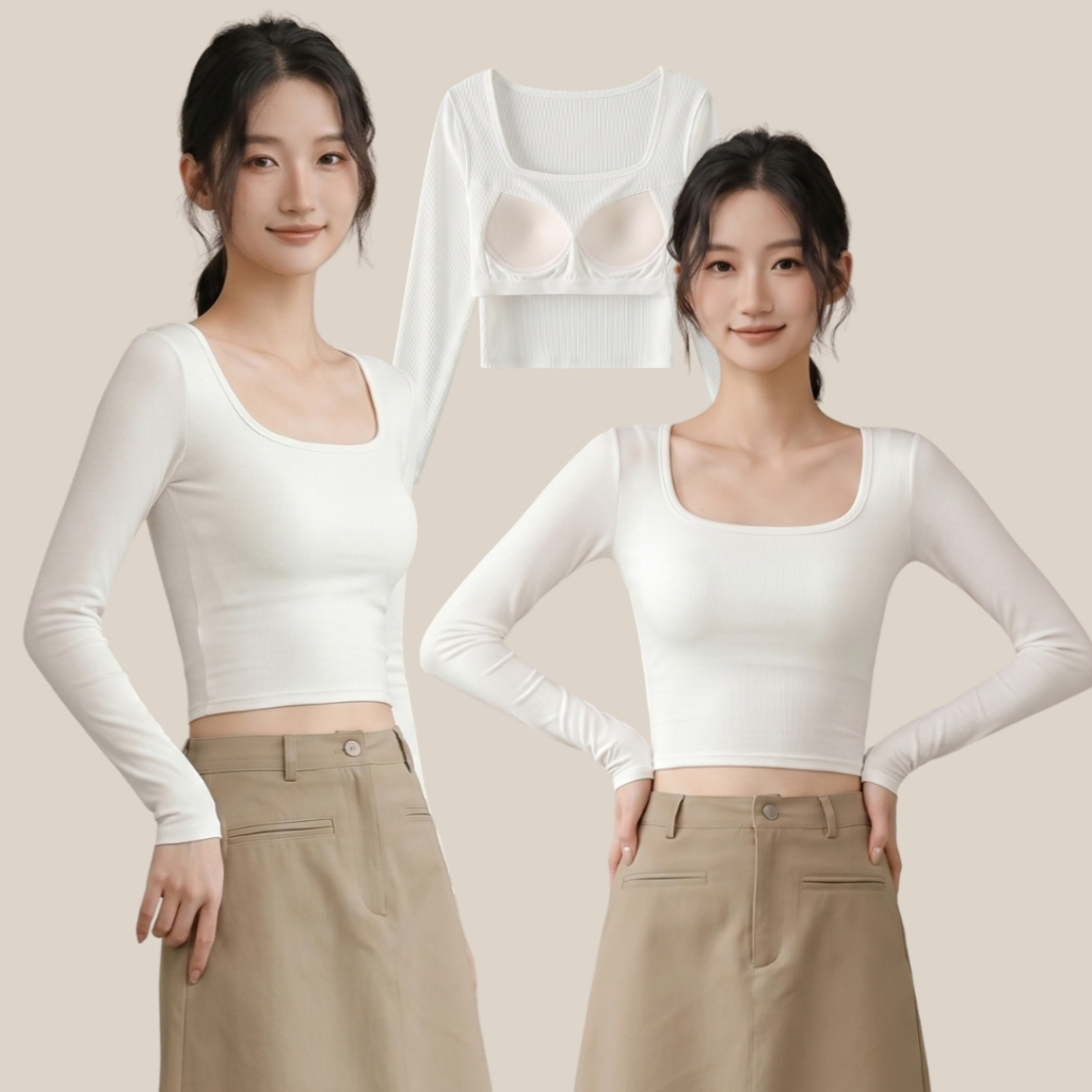 WsimpleBra | Yuki Crop Top เสื้อแขนยาว ทรงครอป คอเหลี่ยม มีบราในตัว เลิกใส่ชุดชั้นในและซิลิโคลปิดจุก