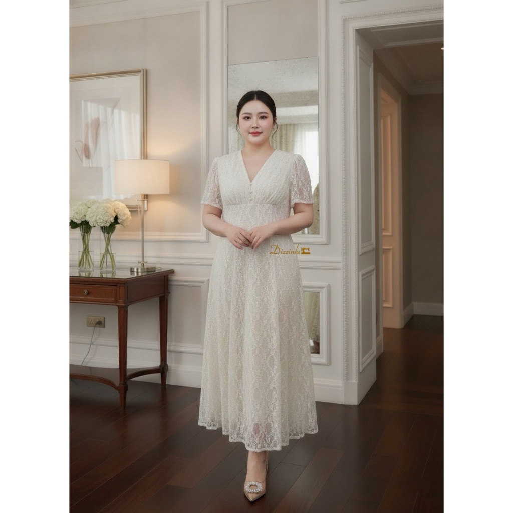 Dz370-Elysian Lace MaxiDress'เดรสยาวลูกไม้สีครีมสวยหรูใส่อ รูปที่ 6