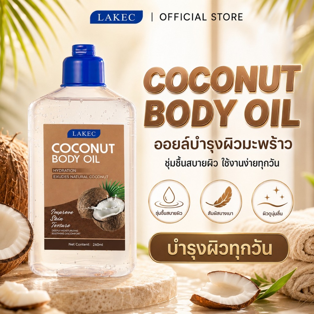 LAKECน้ำมันบำรุงผิวกายให้ความชุ่มชื้นด้วยผิวมะพร้าว, การดูแลผิว, 260ml มี กระจ่างใส หอมติดทน บำรุงล้ำลึก